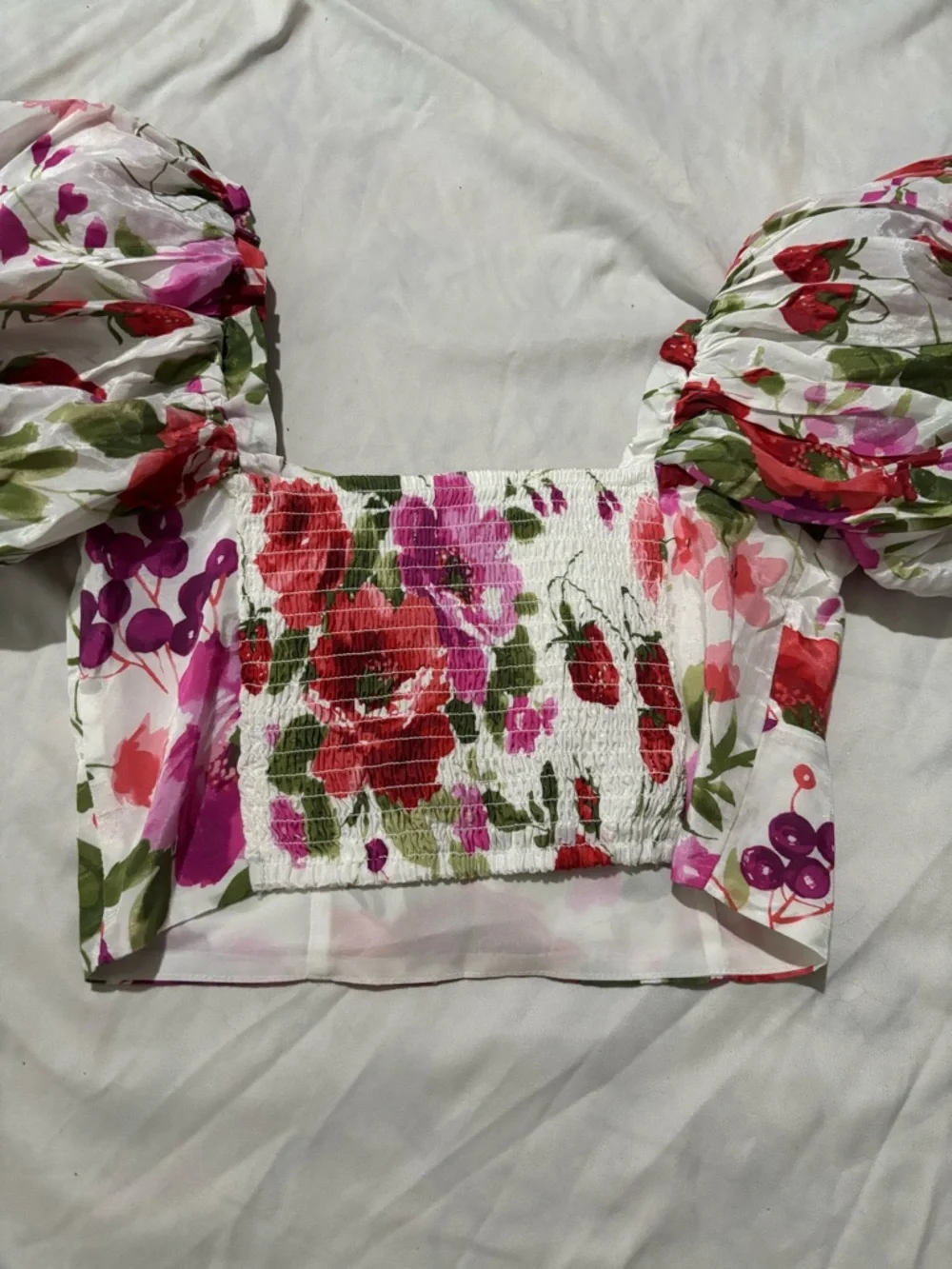 Floral Puff-Sleeve Crop Top - Pink & Red - Picture 5 of 5